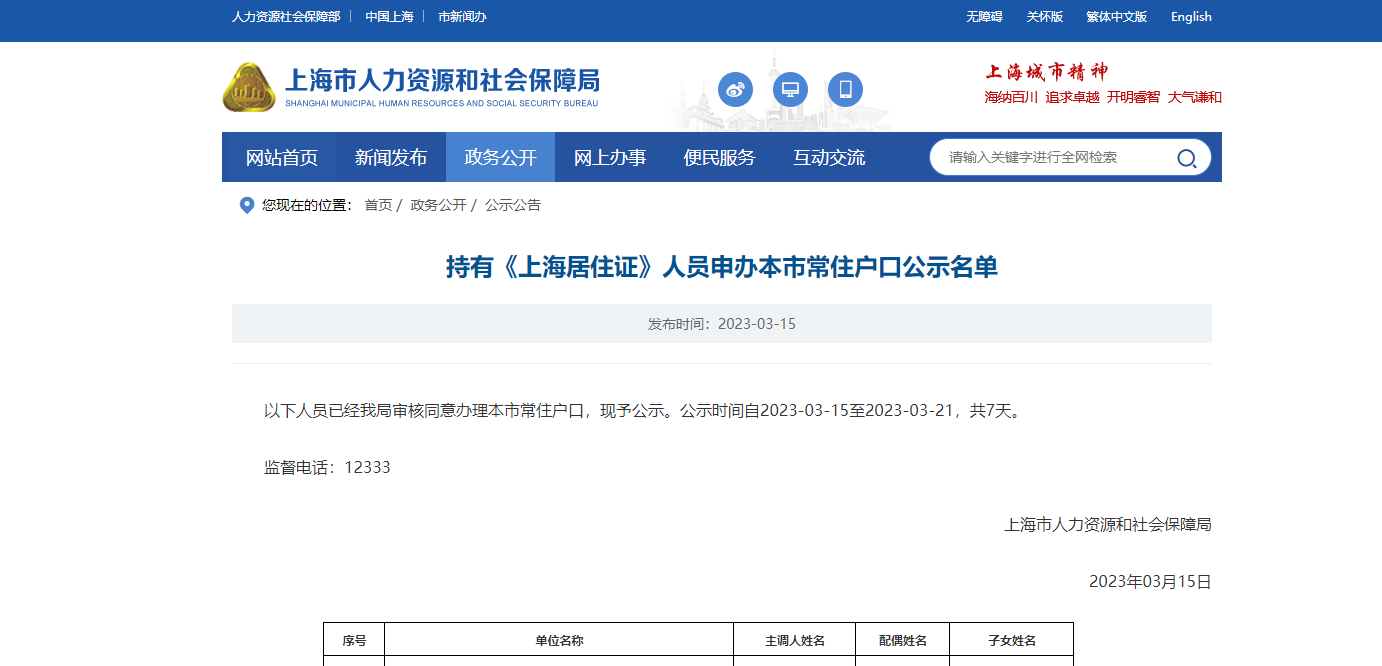 2023年3月第1批上海居转户落户名单公示（共1465户）！满足条件即可提交落户申请！