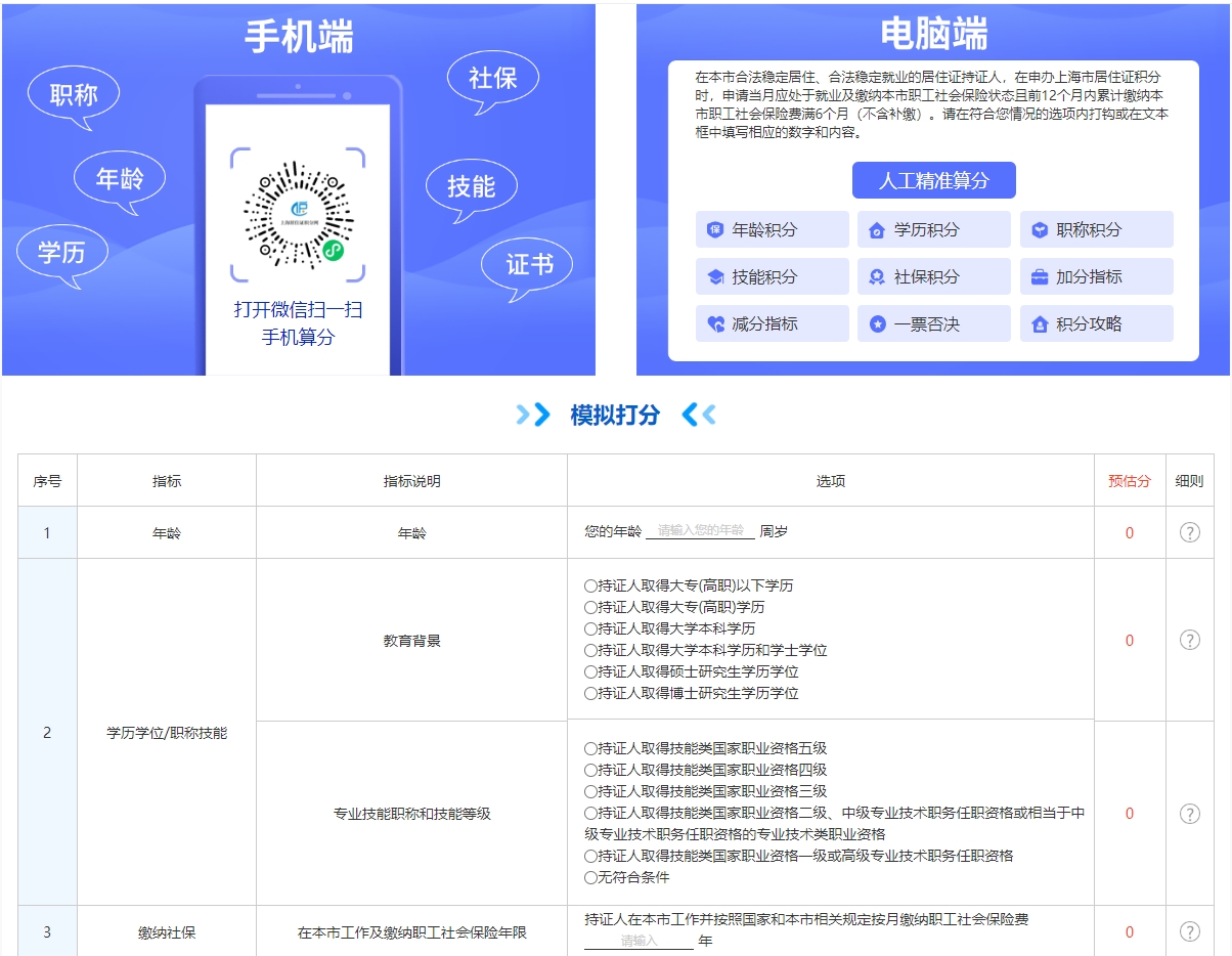 2024年上海居住证积分模拟计算：基础指标