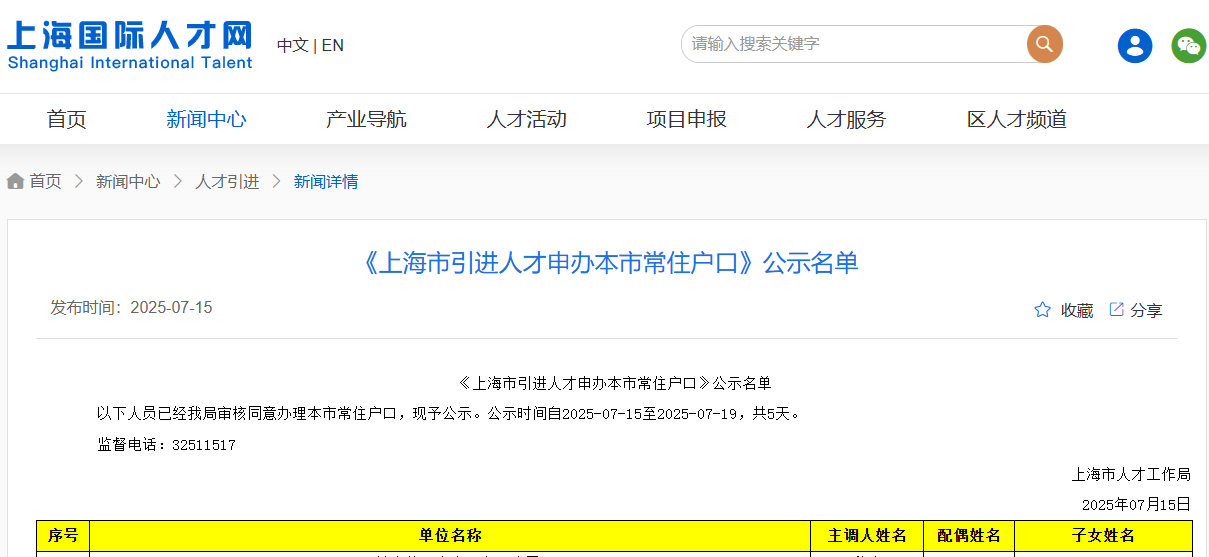 2025年7月第一批《上海市引进人才申办本市常住户口》公示名单
